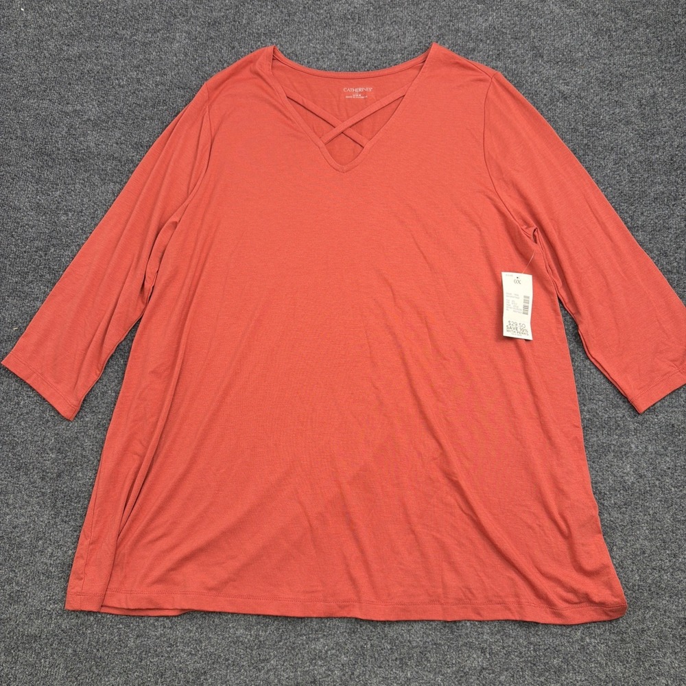 Catherines Womens Plus Size 0X Coral Red Crisscross V Neck Long Sleeve Tunic Top